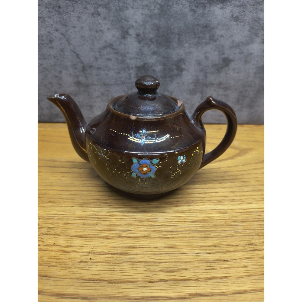Moriage Brown Betty Redware Teapot Hand Painted Vintage 1940s Japan With Lid